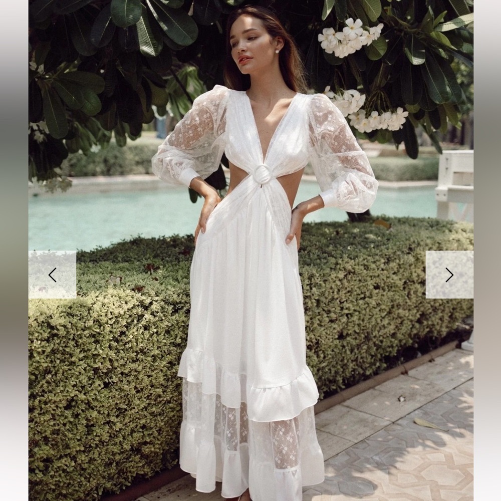 Romantic White Maxi Dress with Sheer Puff Sleeves and Ring Front